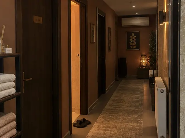 Havlu rafı ve terlikleriyle salon koridoru — Balmumcu, Masaj Salonun